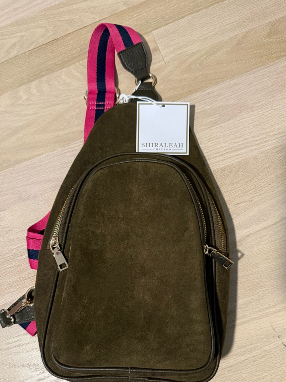 Shiraleah Olive Suede Sling Bag with Pink & Navy Strap